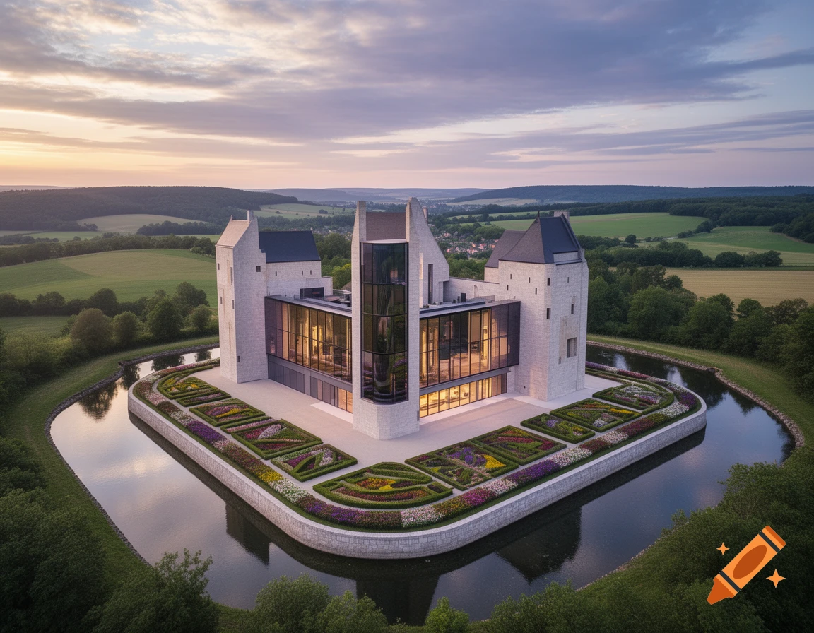 Aerial view of a modern castle with glass sections and towers, surrounded by a moat, elaborate gardens, and fields at sunset.