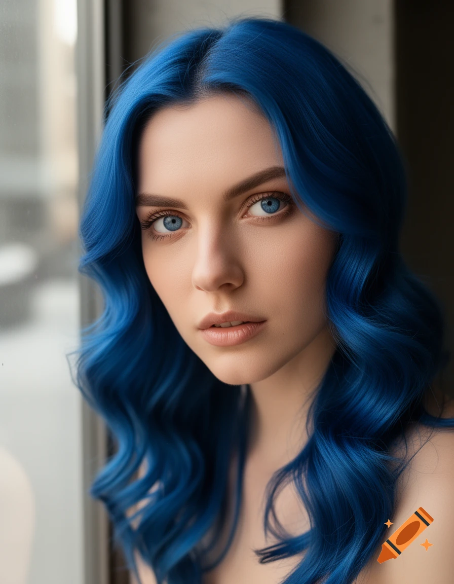 A photorealistic portrait of a woman with vibrant blue wavy hair and striking blue eyes, looking directly at the viewer.