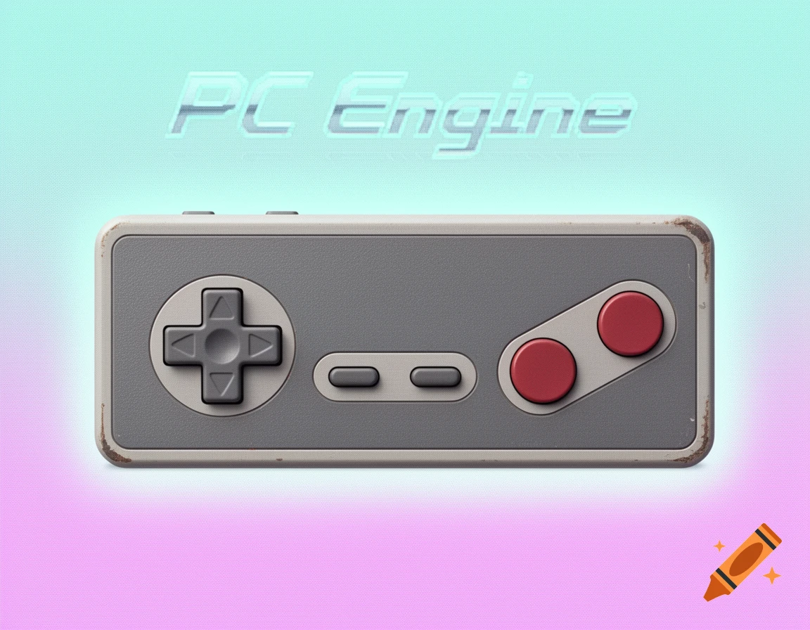 A retro-style gray video game controller with a d-pad, select/start buttons, and two red action buttons, with 'PC Engine' text above.