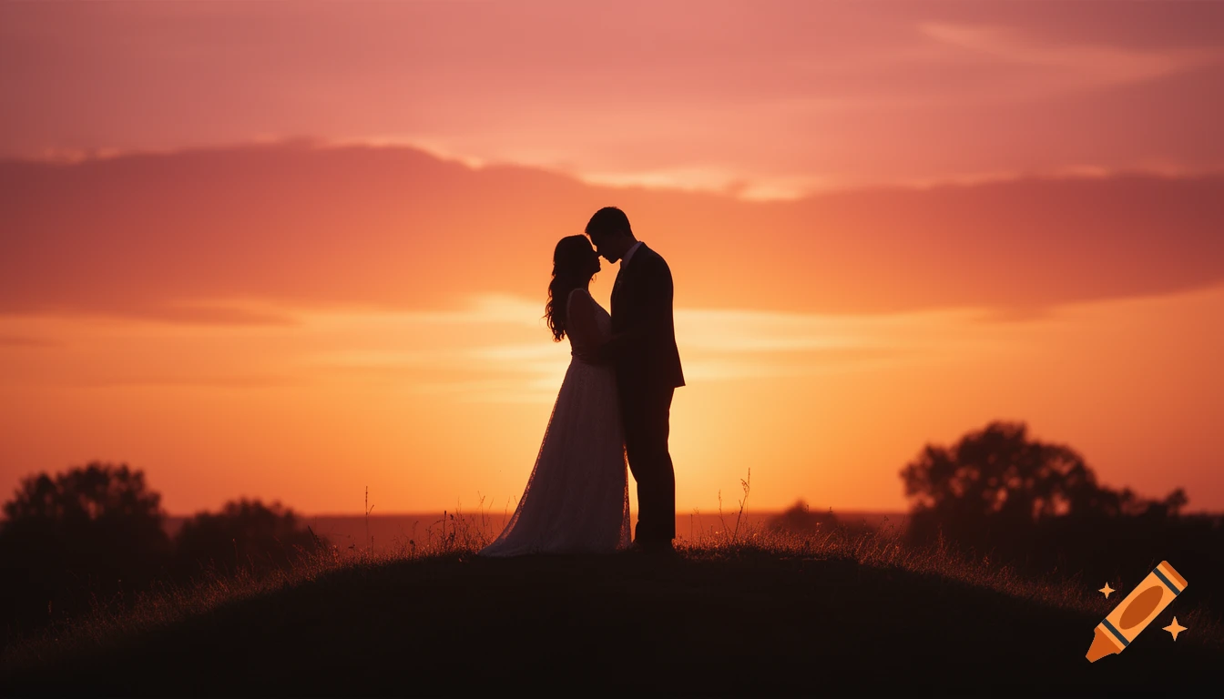 Silhouette of a couple embracing on a hill against a vibrant orange and red sunset.