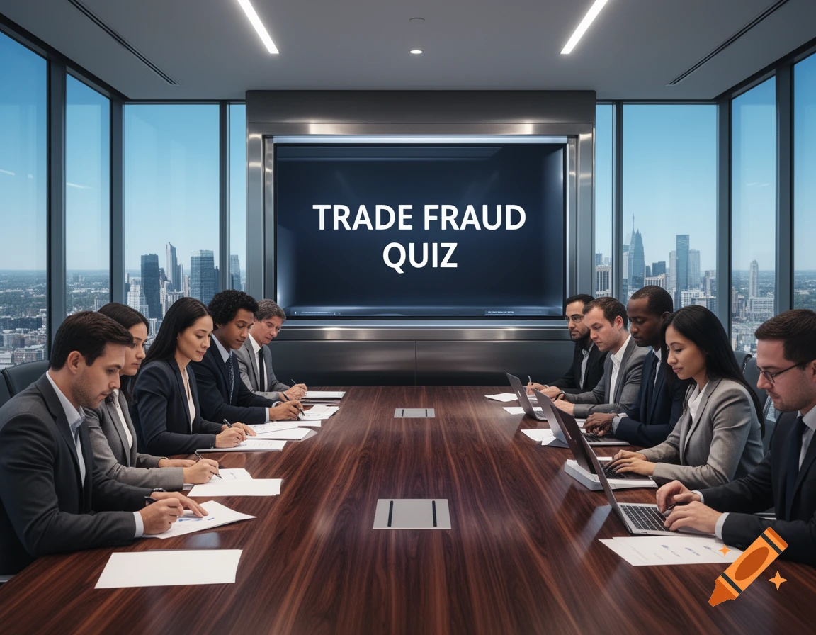 Diverse business professionals attend a 'TRADE FRAUD QUIZ' in a modern conference room overlooking a city.
