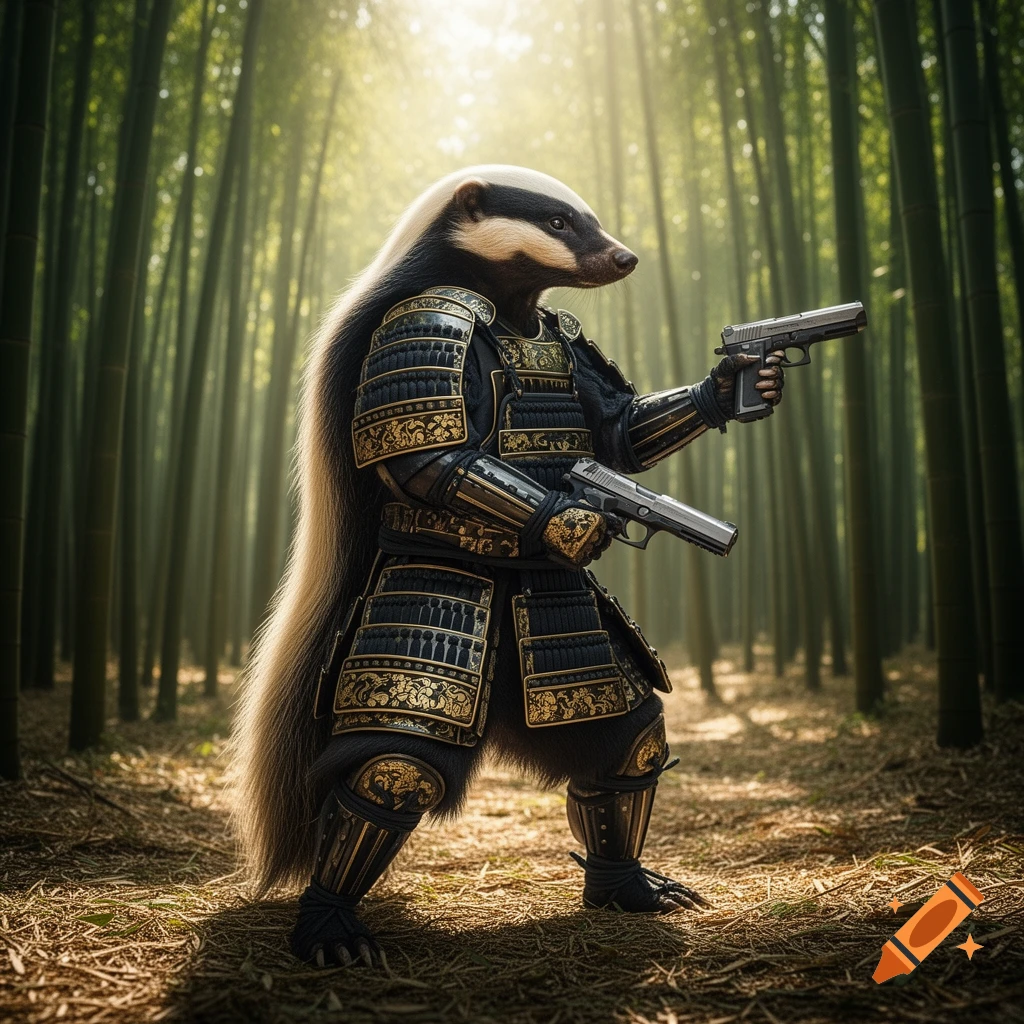 A photorealistic honey badger in ornate samurai armor holds two pistols while standing in a sunlit bamboo forest.