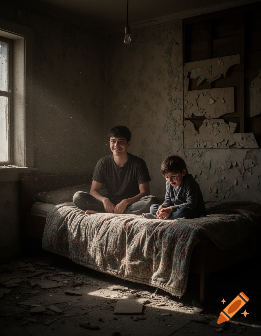 A smiling young man and a crying child sit on a bed in a dusty, dilapidated room, lit by a beam of sunlight.