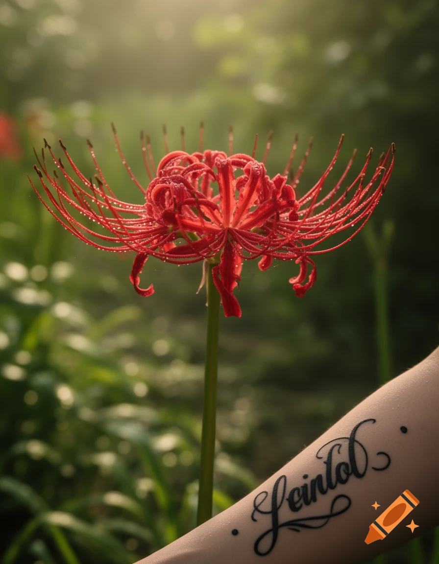A vibrant red spider lily with dew drops in a green garden, next to an arm with a 'Leintol' tattoo.