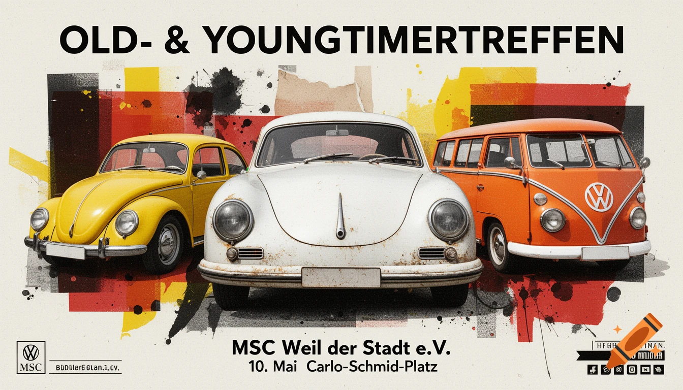 A vintage style poster with a white Porsche, yellow VW Beetle, and orange VW T1 van on an abstract grunge background with paint strokes and torn paper textures. Text at top reads 'OLD- & YOUNGTIMERTREFFEN'.