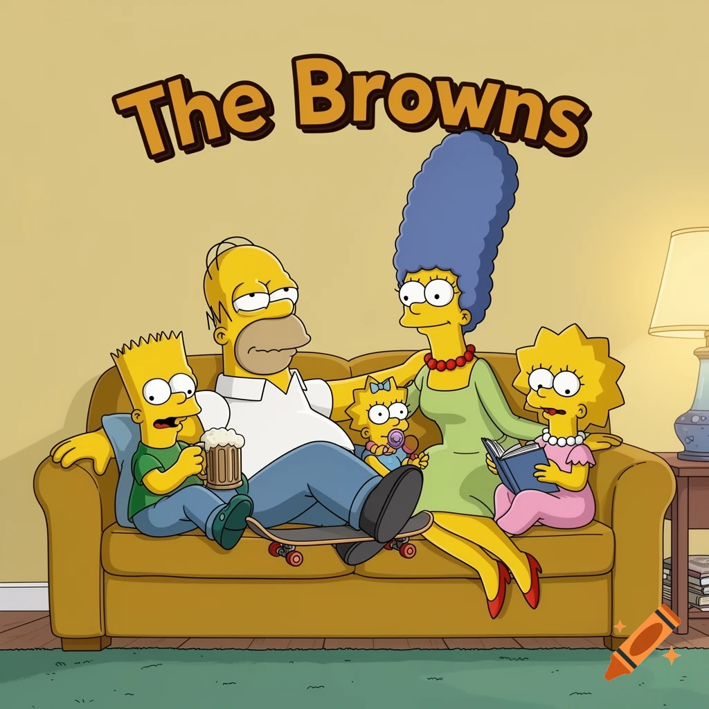Cartoon illustration of the Simpson family sitting on a couch, with the text "The Browns" above.