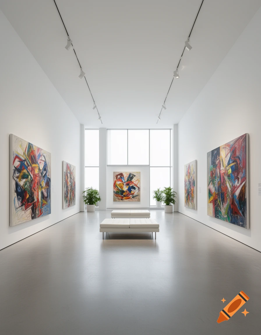 A long, bright modern art gallery with abstract paintings on white walls, white benches, and large windows at the end.