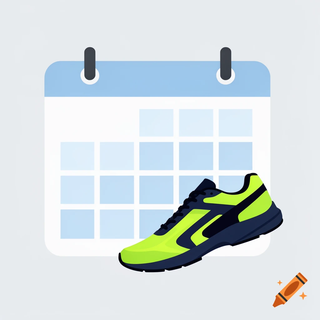 An illustration of a light blue calendar icon with a dark blue and neon green running shoe in the foreground.