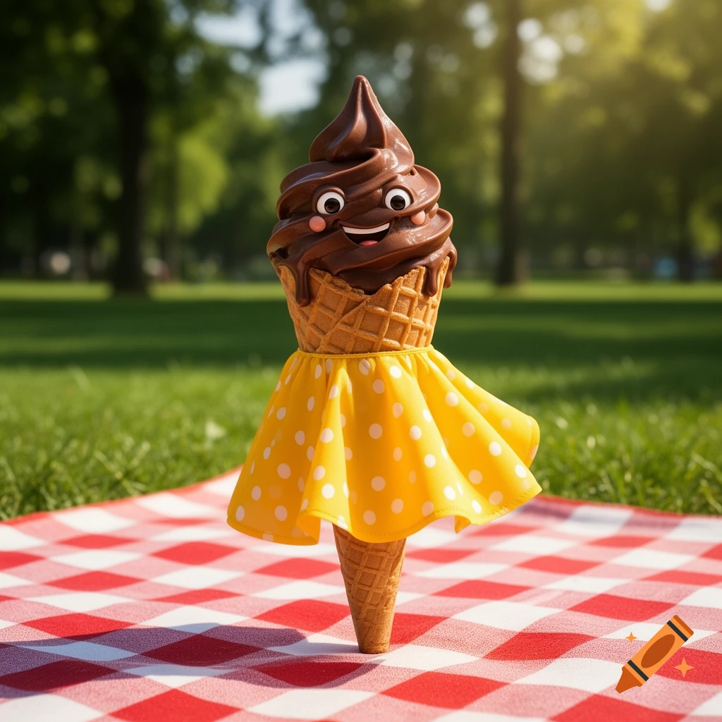 A whimsical chocolate ice cream cone with a happy face wears a yellow polka dot skirt on a red and white picnic blanket in a park.