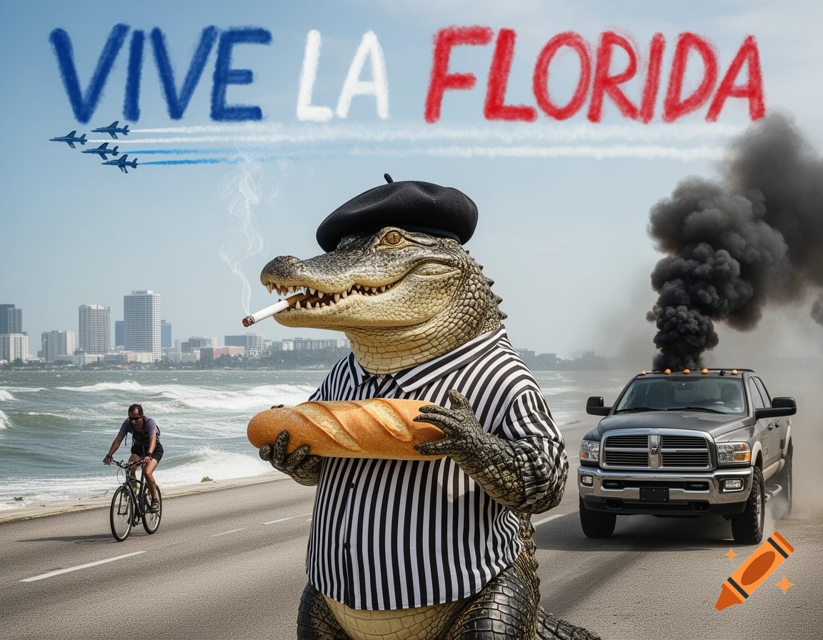 An anthropomorphic alligator in a beret and striped shirt holds a baguette and smokes on a Florida coastal road. Jets skywrite 'VIVE LA FLORIDA'.