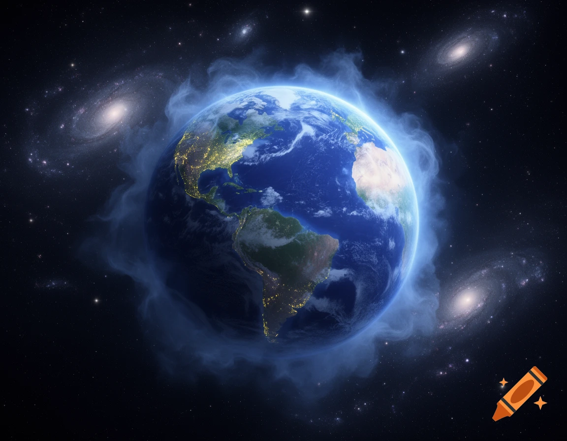 Photorealistic Earth in space, enveloped by a blue, smoky aura, with distant spiral galaxies in the dark sky.