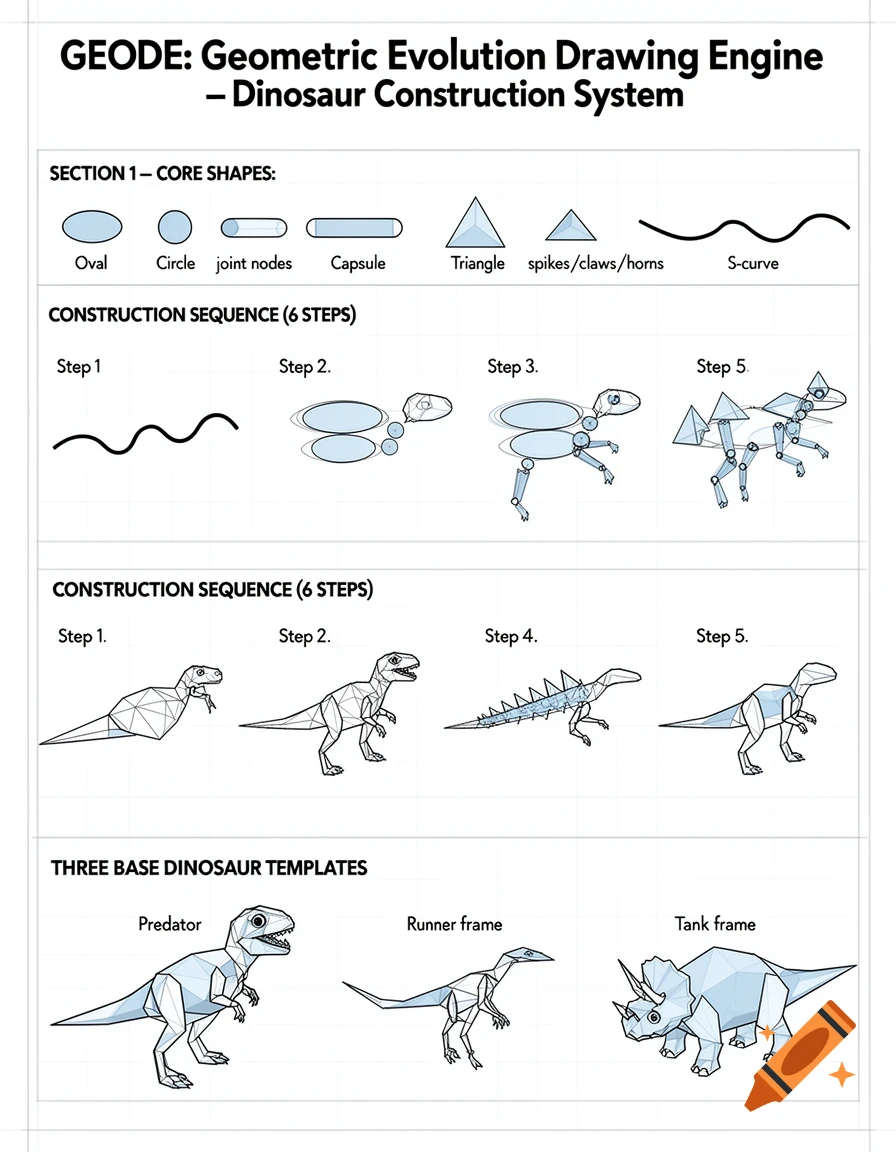 An instructional infographic titled 'GEODE: Geometric Evolution Drawing Engine - Dinosaur Construction System' showing how to construct dinosaurs using basic geometric shapes like ovals, circles, capsules, and triangles, in a blueprint style.