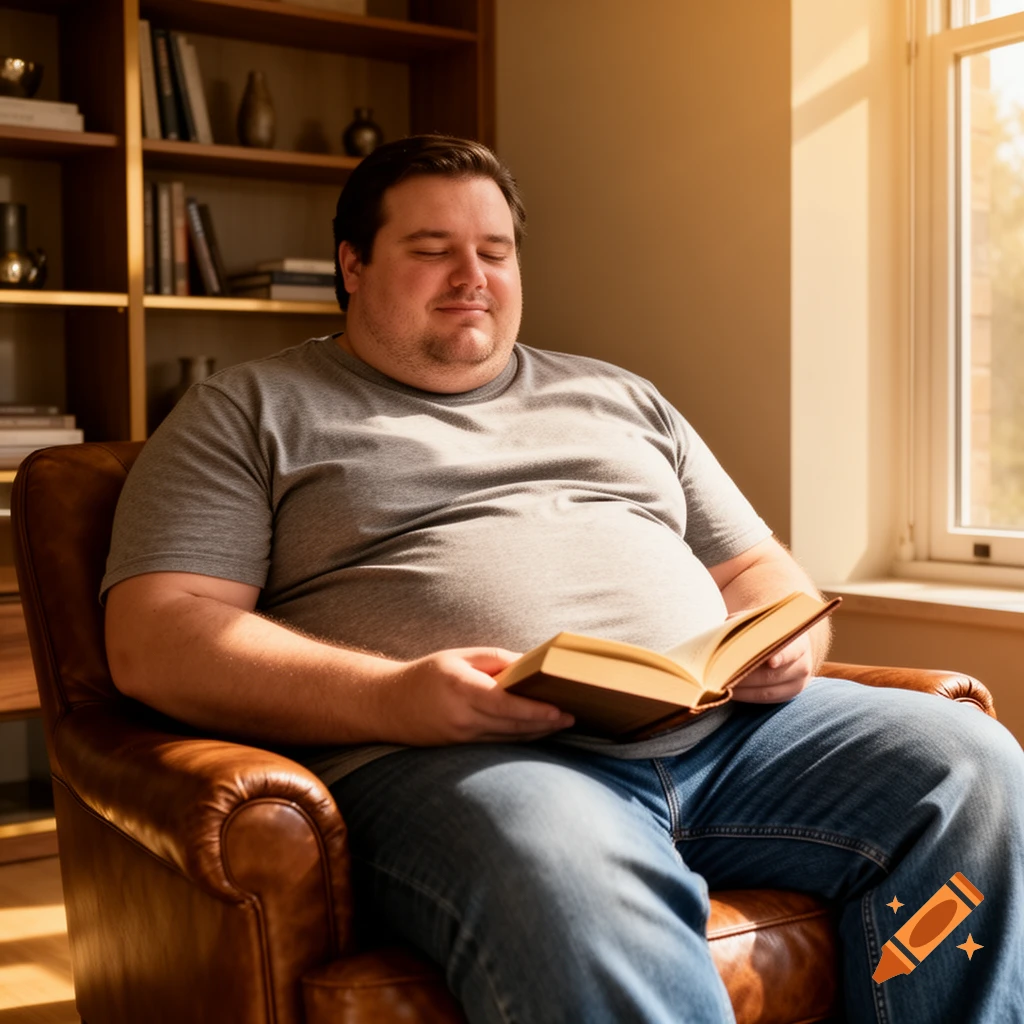 A man with closed eyes reads a book in a brown leather armchair by a sunlit window in a photorealistic style.