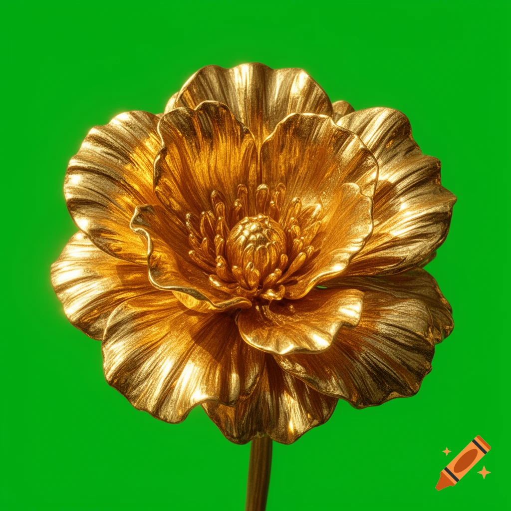 A highly detailed golden flower with intricate petals and stamen, centered against a vibrant green screen background.