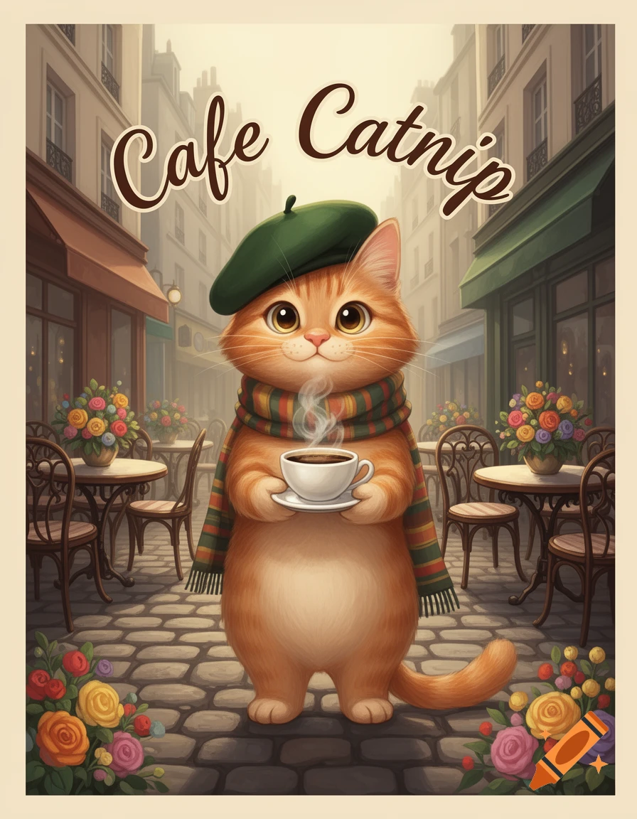 A cute cartoon orange cat in a green beret and striped scarf holds a coffee cup outside a Parisian cafe, titled 'Cafe Catnip'.