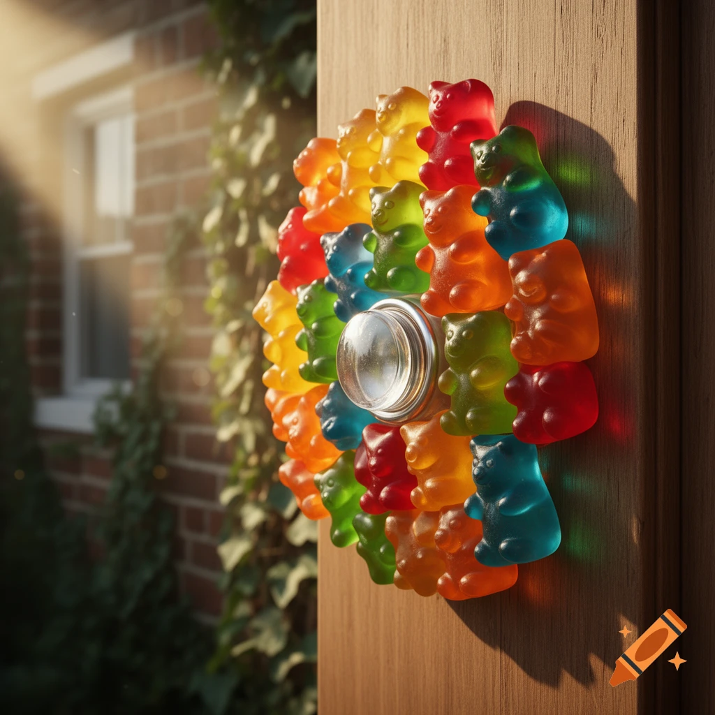 A doorbell on a wooden door is decorated with a wreath of vibrant, translucent gummy bears. Sunny brick house in background.