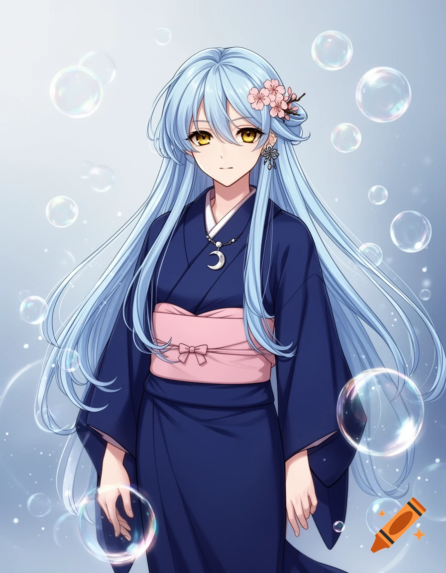 Anime girl with long light blue hair, dark yellow eyes, in a navy kimono with a pink obi, moon necklace, cherry blossoms, and bubbles.