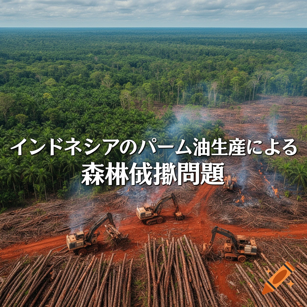 Aerial view of deforestation showing excavators, cut logs, and small fires next to a dense forest, with Japanese text overlay.