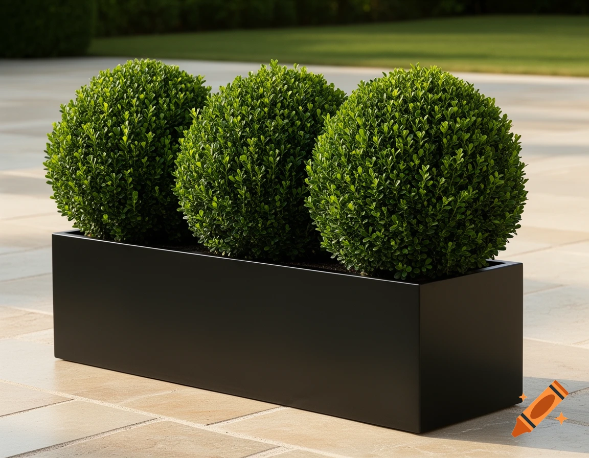 Three spherical green boxwood plants in a long black rectangular planter on a paved patio.