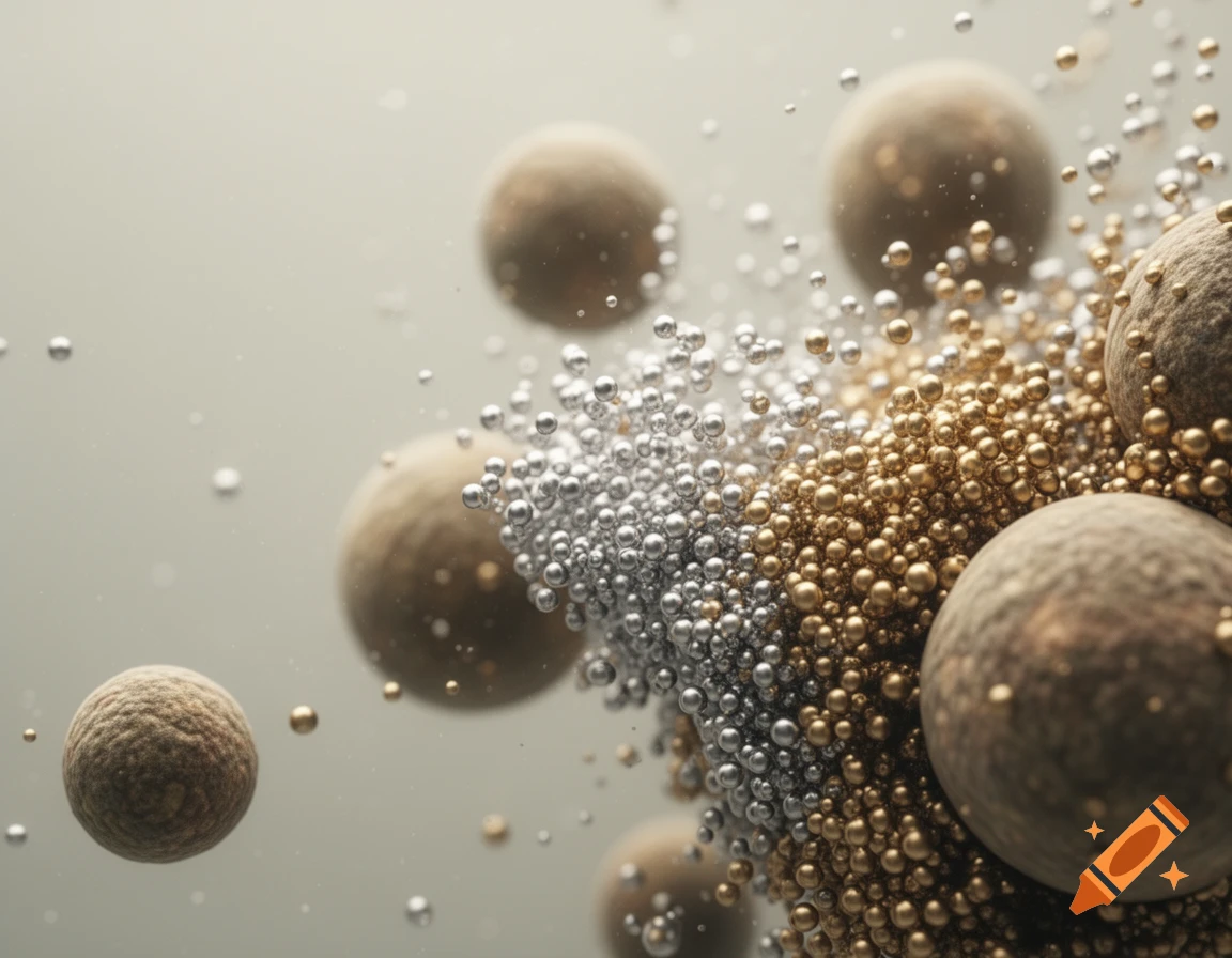 Abstract close-up of textured brown spheres surrounded by clusters of shiny silver and gold metallic microscopic particles.