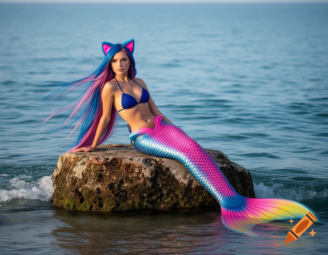 Photorealistic mermaid in blue bikini with blue/pink cat ears and hair, on a rock in the ocean, with a pink, blue, and yellow tail.
