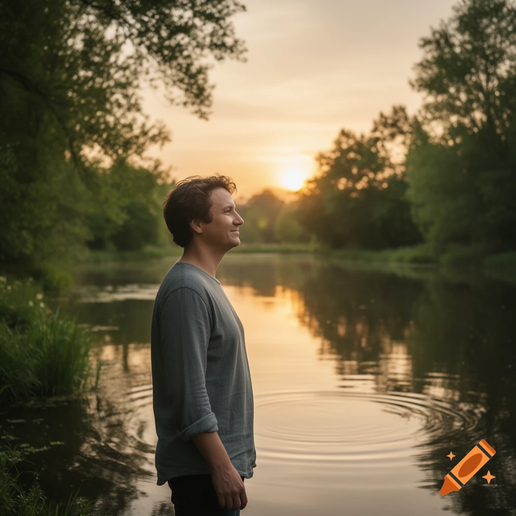 A man stands by a serene lake at sunset, looking thoughtfully towards the horizon, surrounded by lush trees.