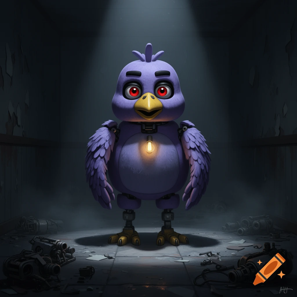 A periwinkle animatronic bird with red eyes, yellow beak, and a glowing light bulb on its chest stands in a dark, derelict room.