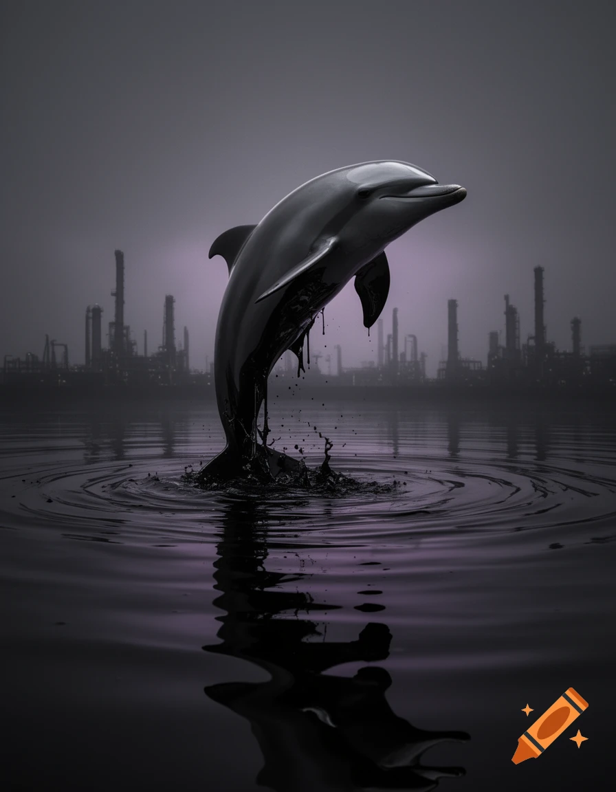 A photorealistic dolphin leaps from dark, oil-covered water with an industrial skyline in the foggy background.