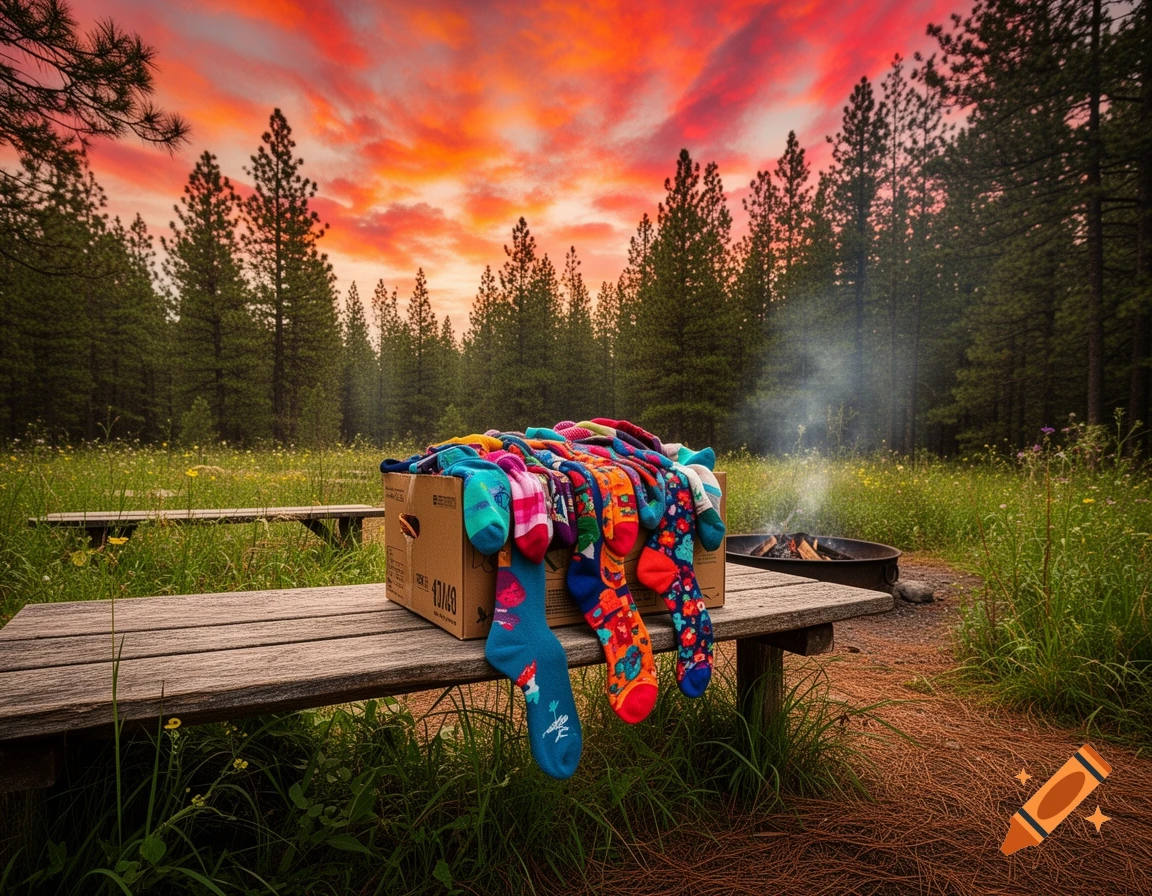 A box of colorful patterned socks sits on a wooden picnic table at a campsite under a dramatic red and orange sunset sky, with a campfire burning nearby.