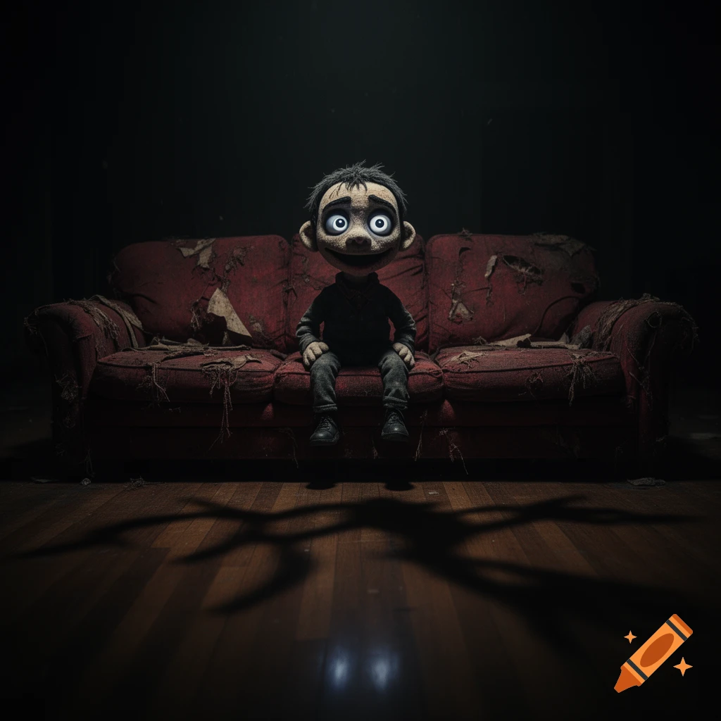 A creepy, wide-eyed doll with a slight smile sits on a tattered red couch in a dark room.