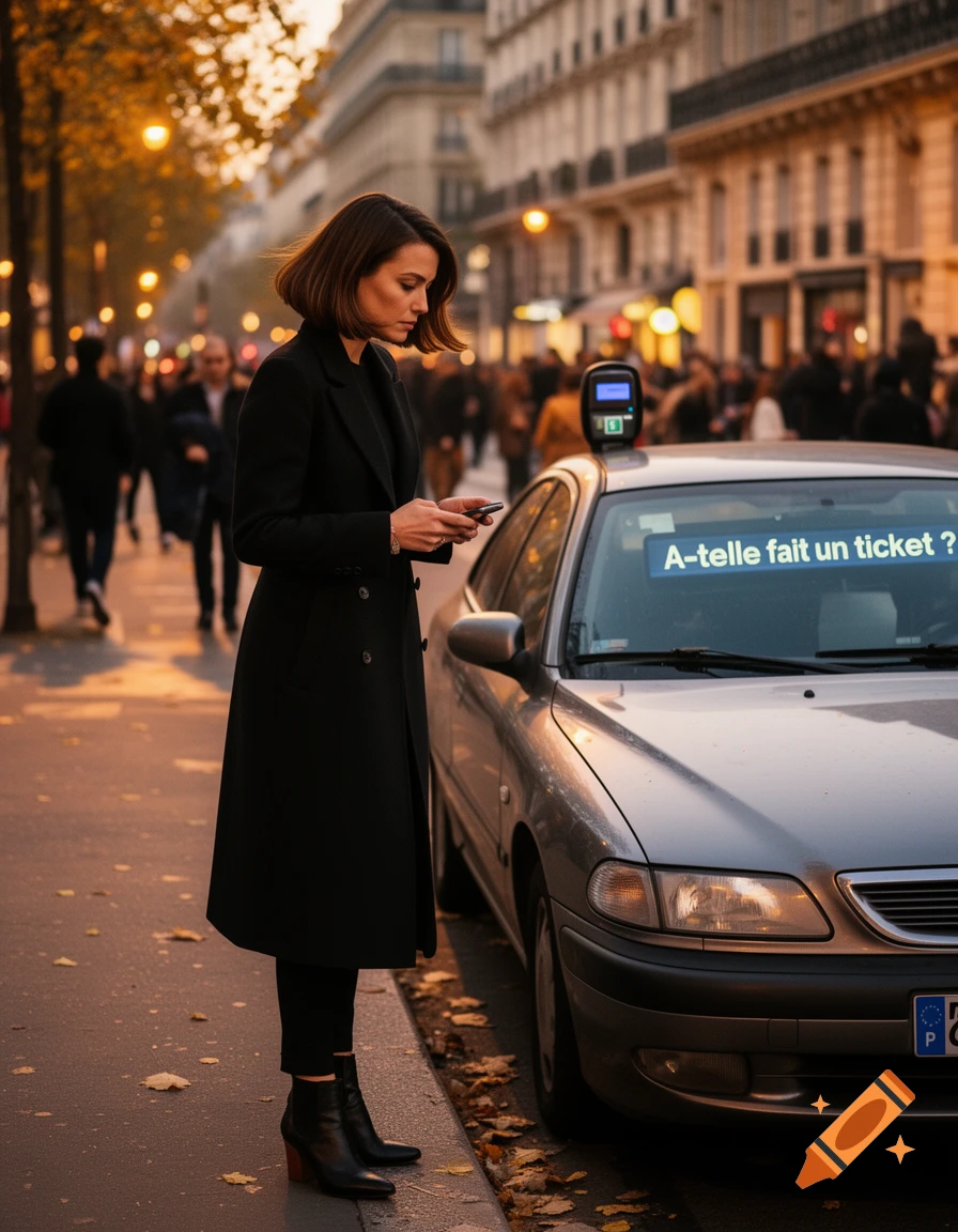 A woman in a black coat looks at her phone on a city street at dusk, next to a parked car with text on its window.