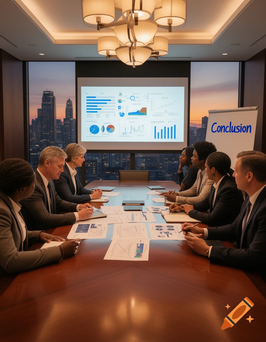 Diverse business people in suits sit around a large table in a boardroom, with a city skyline visible at dusk through the window. A projector screen displays charts and graphs, and a whiteboard with "Conclusion" written on it stands nearby.