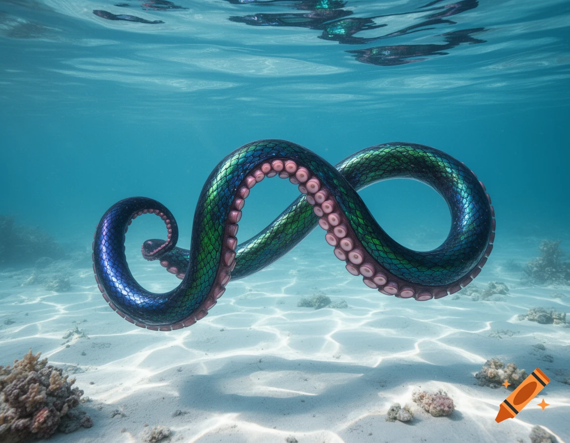 A shimmering, iridescent green and blue tentacle with pink suckers forms an infinity loop underwater, above a sandy seabed with small coral formations.