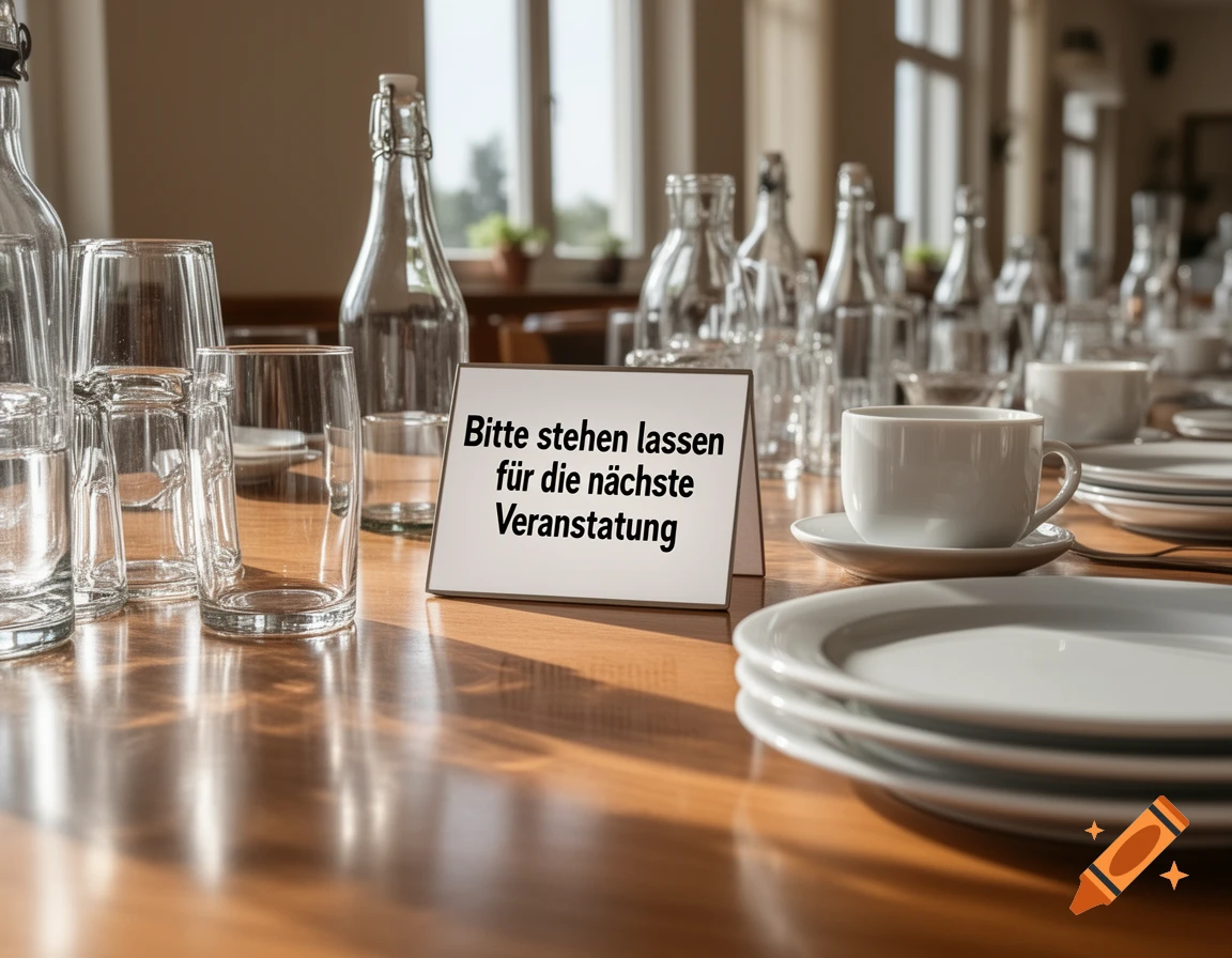 Photorealistic image of a set table in a cafeteria with glasses, bottles, cups, plates, and a sign.