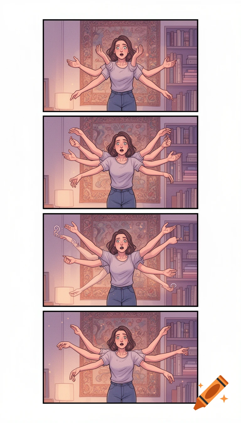 A four-panel comic depicts a surprised woman in her living room progressively growing many arms, in a stylized illustration.