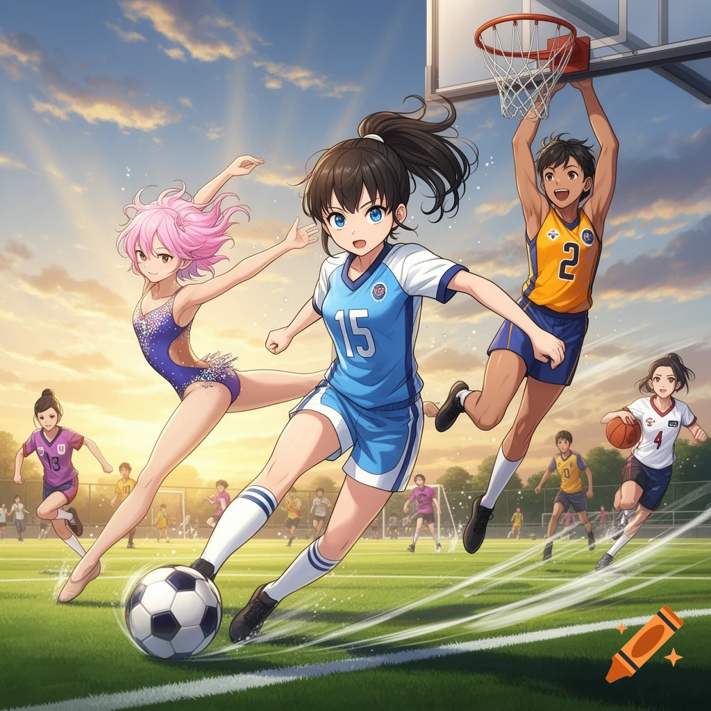Anime girl athletes playing soccer, basketball, and doing gymnastics on an outdoor field at sunset.
