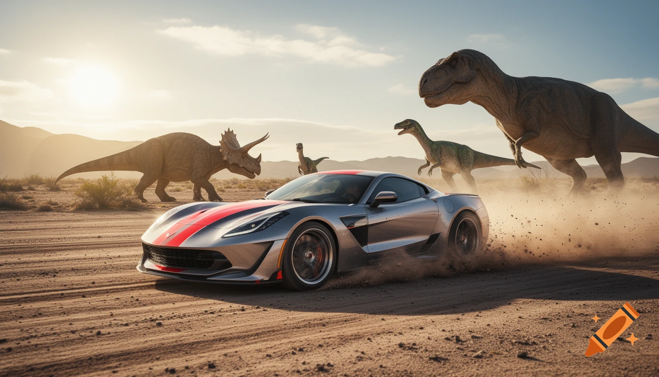 A silver sports car with red stripes drifts through a dusty desert, surrounded by a Triceratops and two Tyrannosaurs Rex.