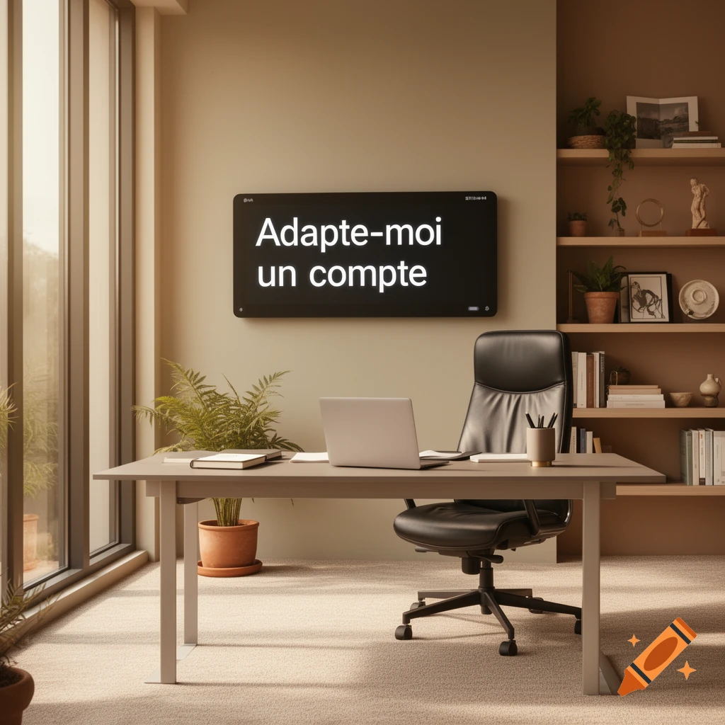 A modern office workspace with a desk, chair, laptop, and a wall-mounted screen displaying 'Adapte-moi un compte'.
