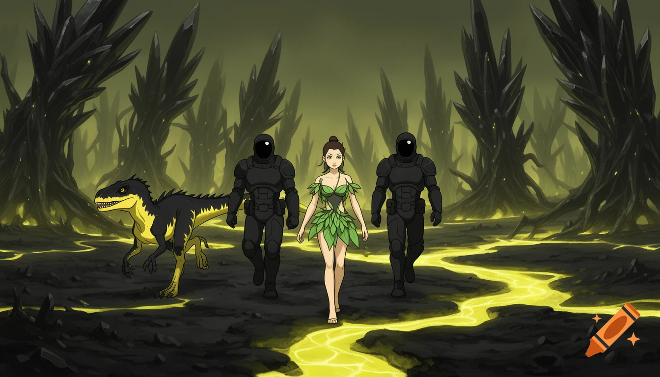 A woman in a leaf dress, flanked by two armored soldiers and a black and yellow velociraptor, walks through a dark, alien landscape with yellow rivers and spike trees in an anime style.