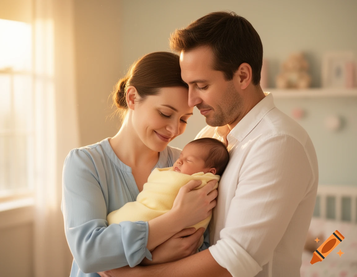 A smiling mother and father hold their sleeping baby, bathed in soft light.