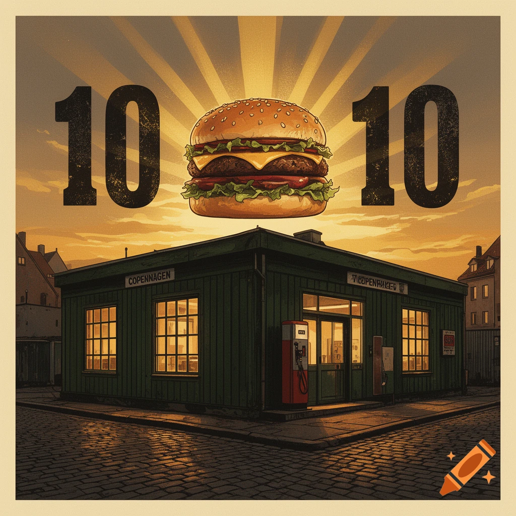 Vintage screen-print poster of a giant cheeseburger floating above a dark green converted gas station in Copenhagen at dusk, with '10 10' in the sky.