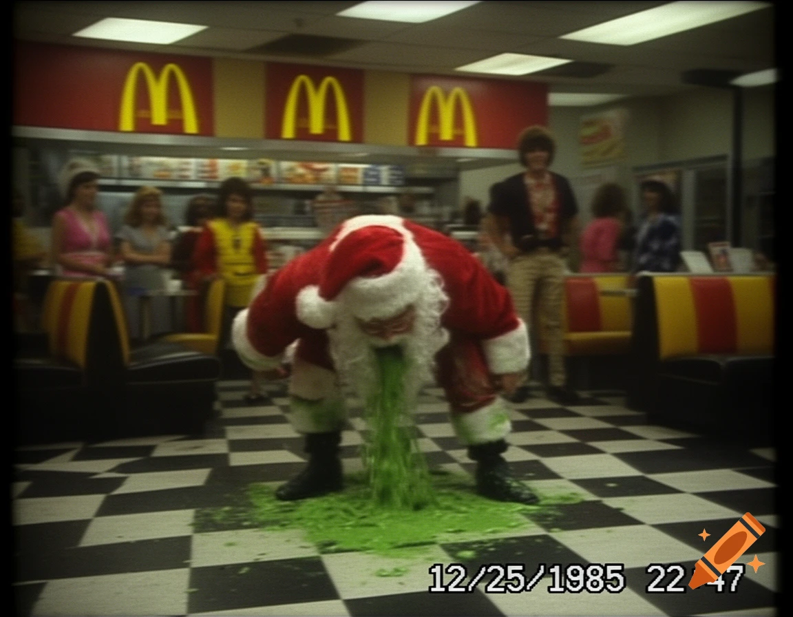 Santa Claus vomits green liquid onto the black and white tiled floor of an 80s McDonald's, with a CCTV timestamp.