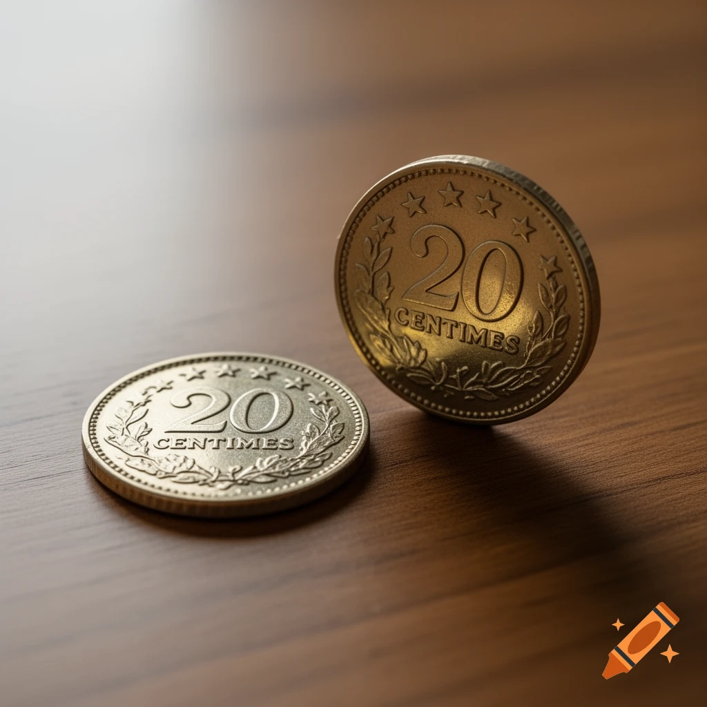 Two gold-colored 20 centimes coins, one lying flat and one standing on its edge, on a wooden surface.