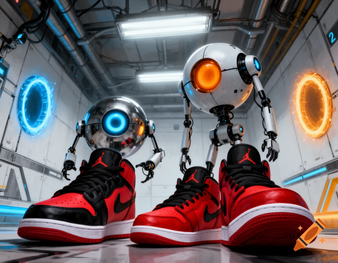 Atlas and P-Body from Portal 2 in red and black Air Jordan sneakers in a white test chamber with portals.