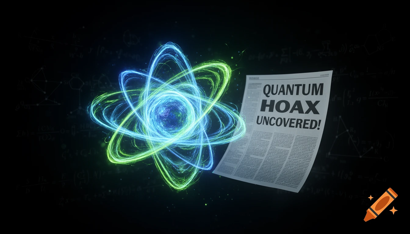 Glowing blue and green atom model next to a newspaper headline 'QUANTUM HOAX UNCOVERED!' on a dark background with formulas.