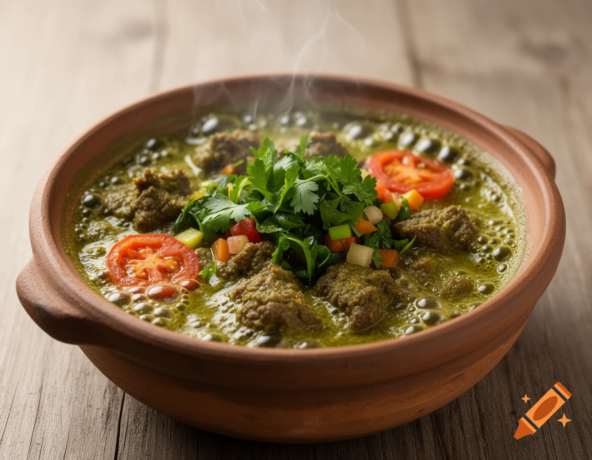A steaming bowl of green stew with meat, tomato slices, and fresh herbs in a rustic clay bowl on a wooden table.