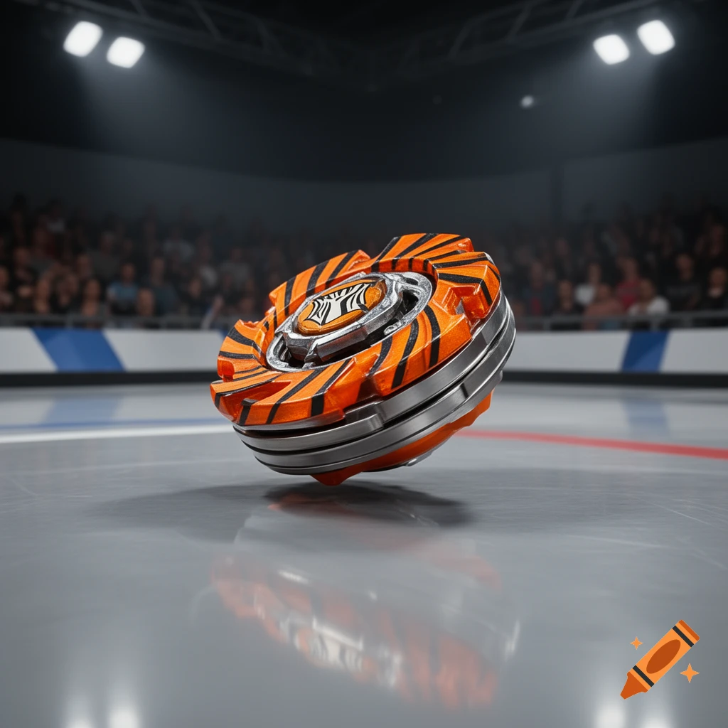 Photorealistic orange and black striped Beyblade with a stylized Z symbol spinning in a brightly lit arena.
