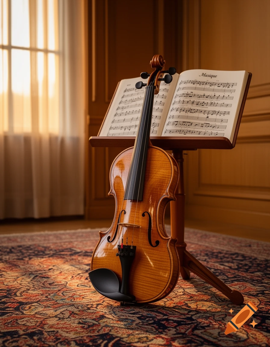 A photorealistic image of a violin leaning against a wooden music stand with sheet music titled 'Musique' in a sunlit room.
