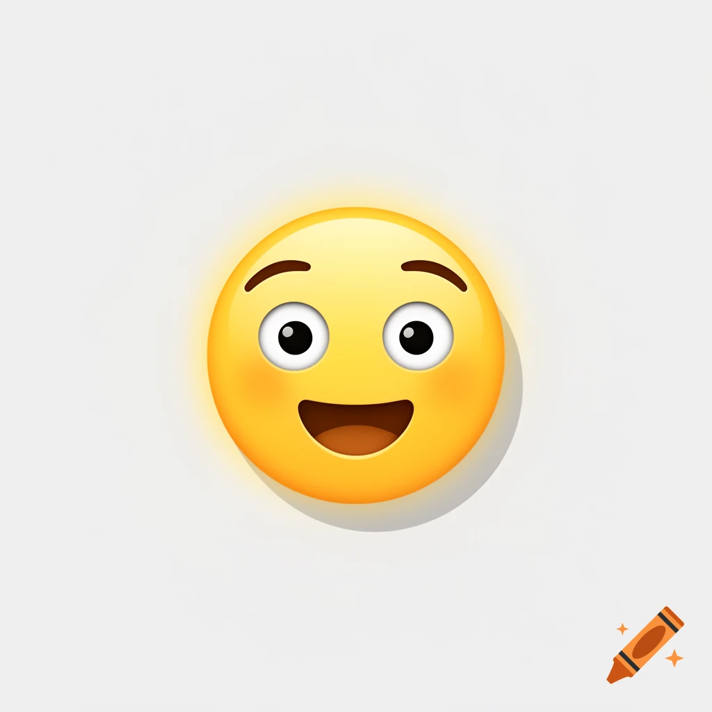 A bright yellow smiley face emoji with wide open eyes, raised eyebrows, and an open mouth, glowing on a light background.