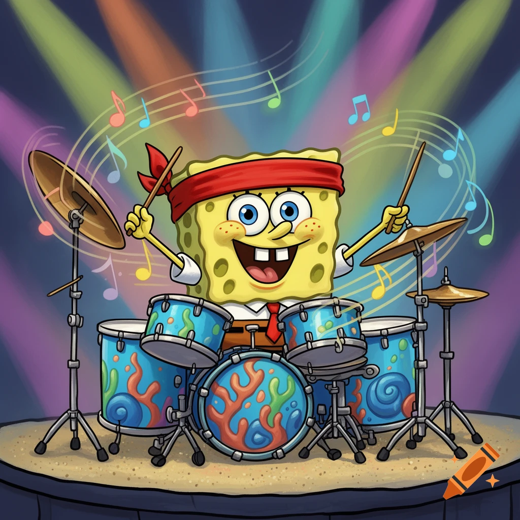 SpongeBob SquarePants happily playing a blue drum set with a red headband on a stage under colorful spotlights, surrounded by musical notes.